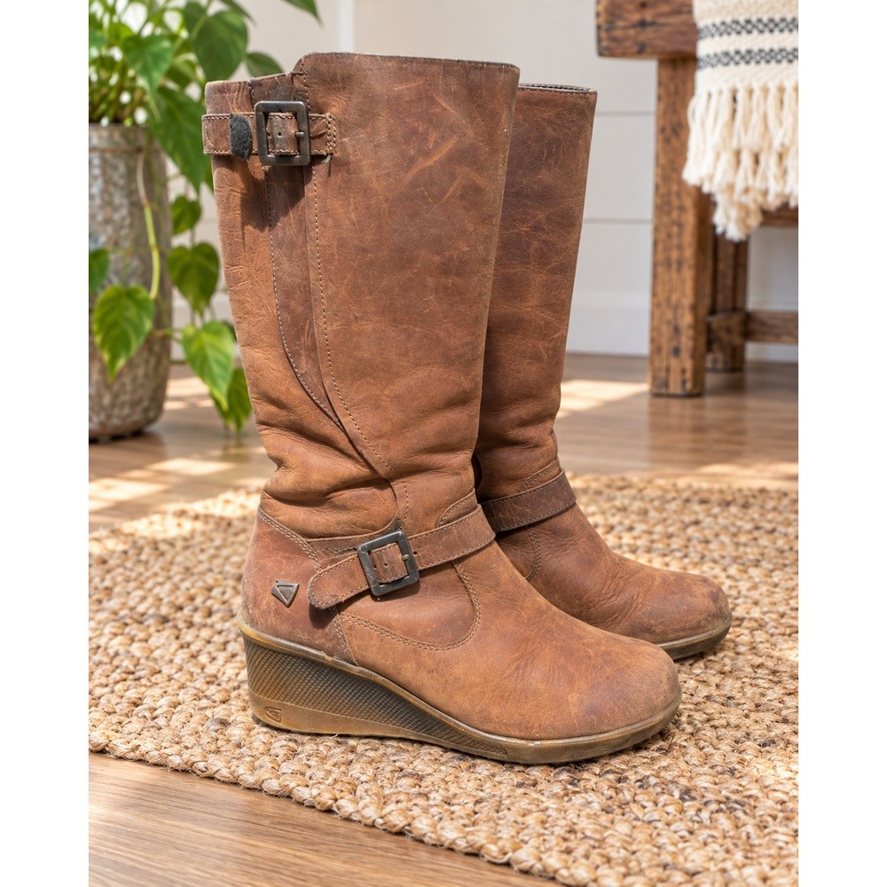 Keen Womens‎ Brown Leather Tall Wedge Side Zip Buckle Boots Round Toe